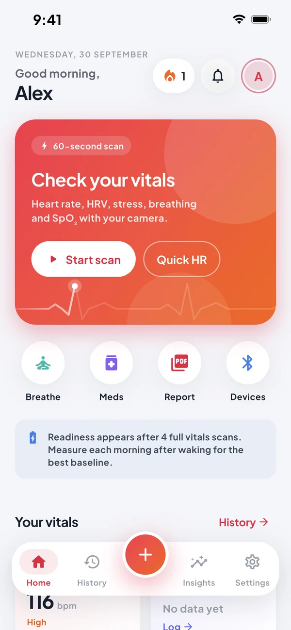 Healthovia home screen with your vitals